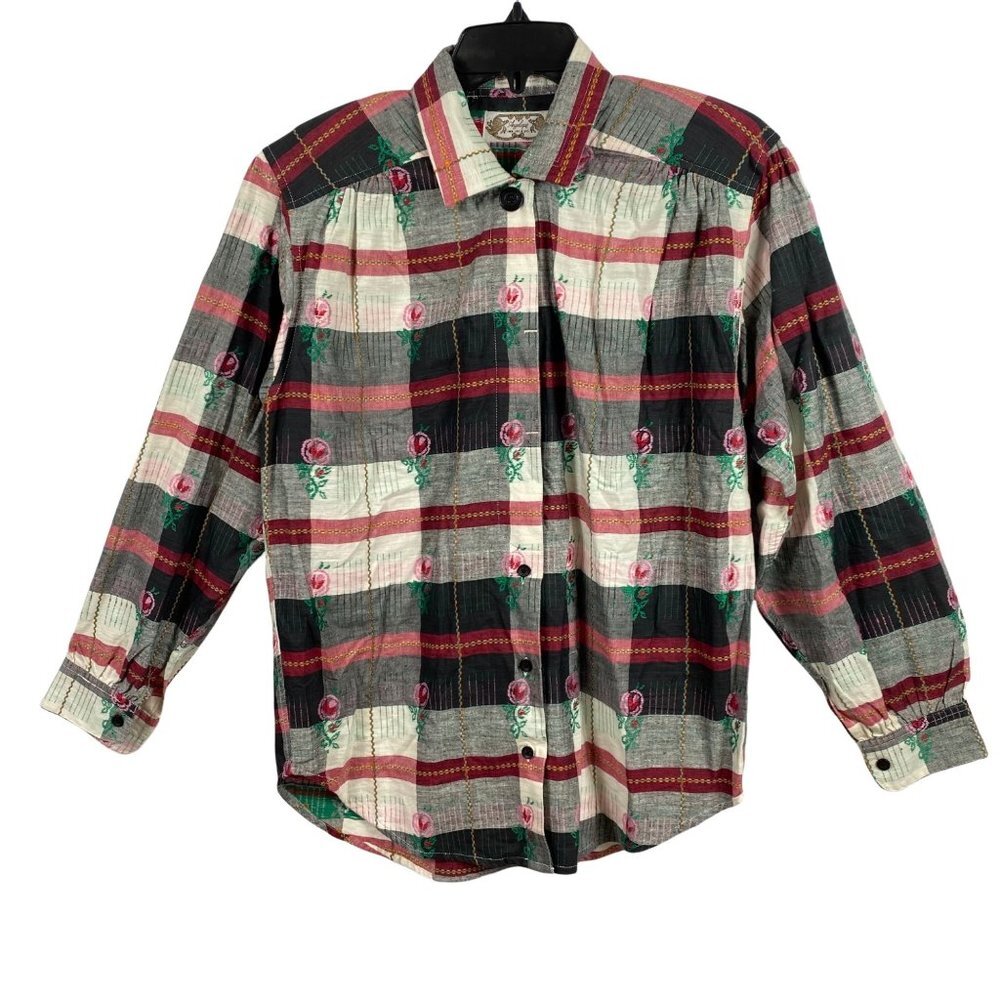 Vintage Angelique Shirt Embroidered Plaid Floral 90s Y2K Blouse Women Size Small - Picture 3 of 12